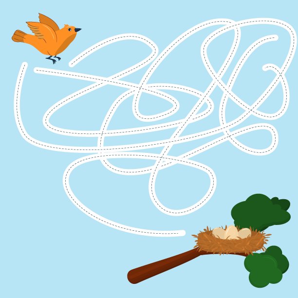 儿童矢量插图与逻辑游戏，通过画线找到通往鸟巢的路。书法练习图片下载