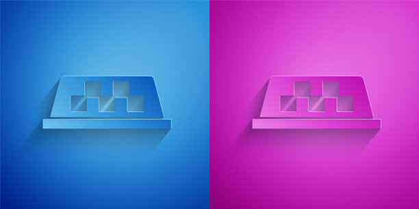 剪纸出租车车顶图标孤立在蓝色和紫色的背景。纸艺术风格。向量图片下载