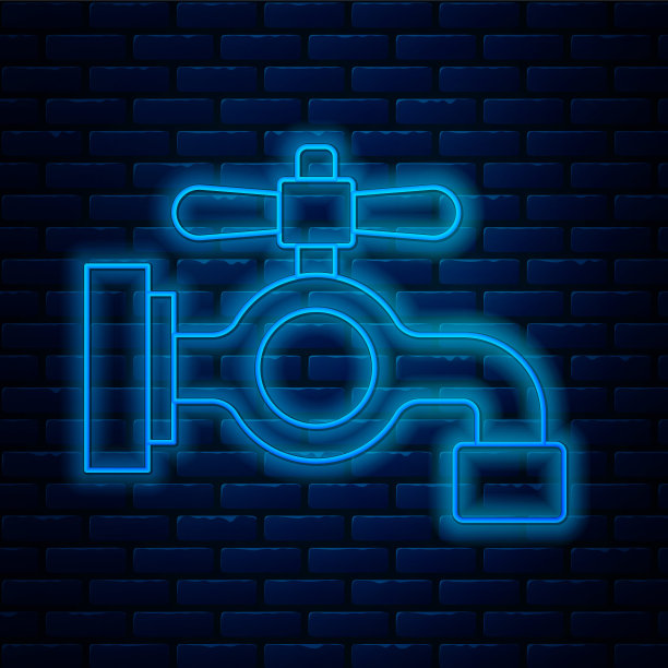 霓虹灯线水龙头图标孤立在砖墙的背景。向量图片下载