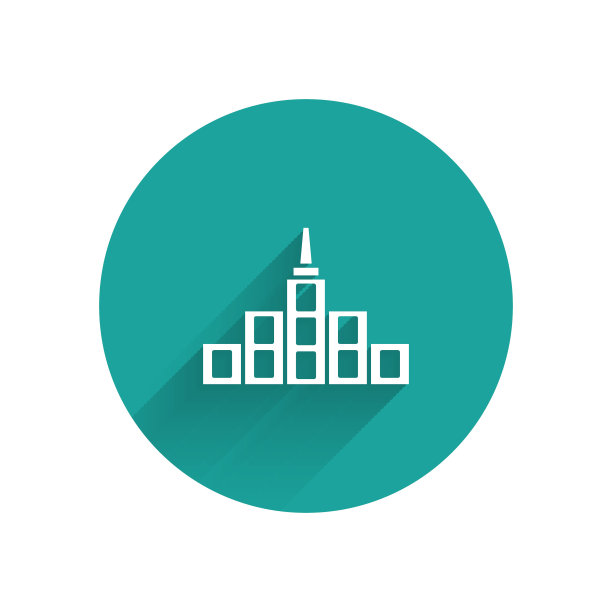 白城景观图标孤立与长影子。都市建筑全景景观。绿色圆圈按钮。向量图片下载