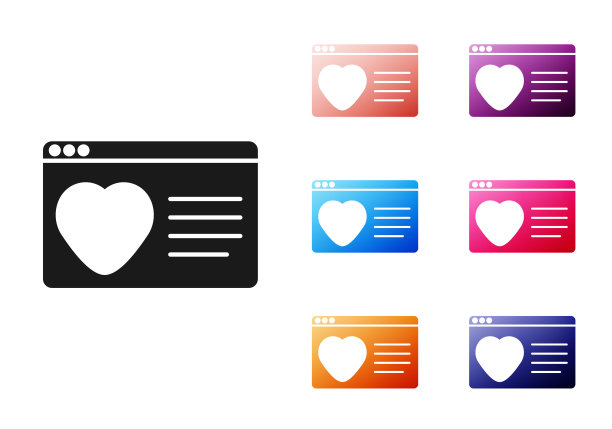 黑色约会应用在线笔记本概念图标孤立在白色背景。女性男性轮廓平面设计。情侣匹配的关系。设置图标丰富多彩。向量图片下载