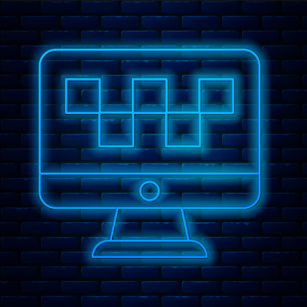 发光的霓虹灯线计算机呼叫出租车服务图标孤立在砖墙的背景上。向量图片下载