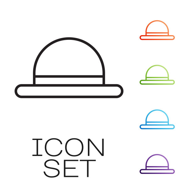 黑色线小丑帽子图标孤立在白色背景。圆顶硬礼帽。设置图标丰富多彩。向量图片下载