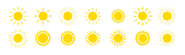 太阳图标集合在夏季黄色，情绪和气象矢量插图在白色背景eps 10图片下载