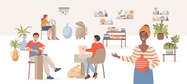 陶艺工作室矢量平面插图。在陶艺课上，人们微笑着制作现代陶瓷、餐具、装饰罐子和陶土花瓶。男男女女都喜欢他们的爱好。图片下载