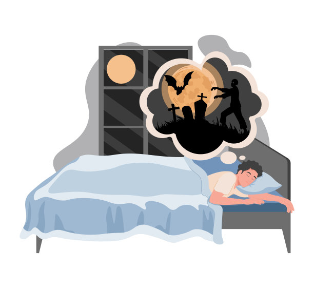 年轻人晚上躺在床上，有噩梦矢量平面插图。受噩梦折磨的疲惫的人。图片下载