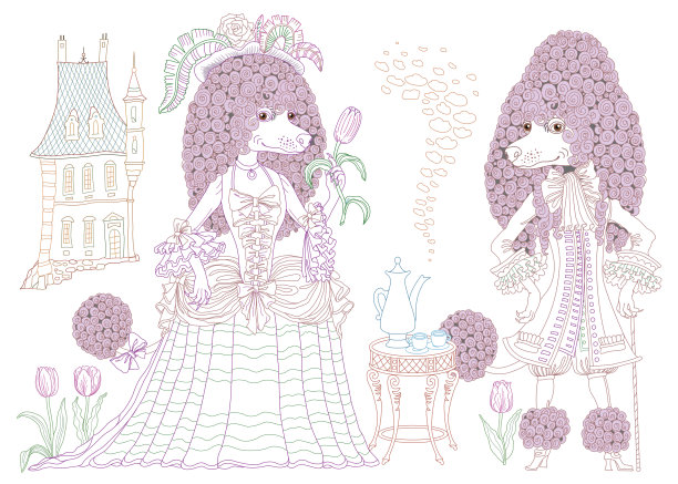 童话故事里的贵宾狗穿着复古服装，拿着咖啡壶。线性彩色轮廓涂鸦素描。抗压力成人和儿童涂色书页图片下载