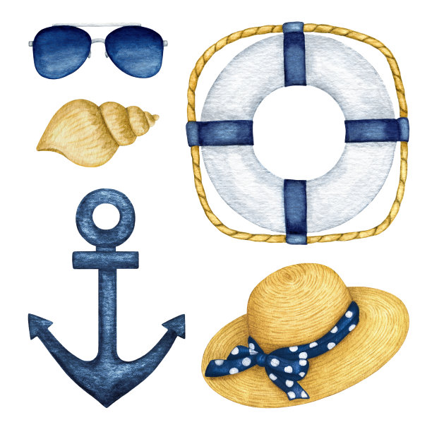 水彩海军蓝夏季海上航海集。游艇设备和海滩度假配件。手绘海洋设计元素孤立图片下载