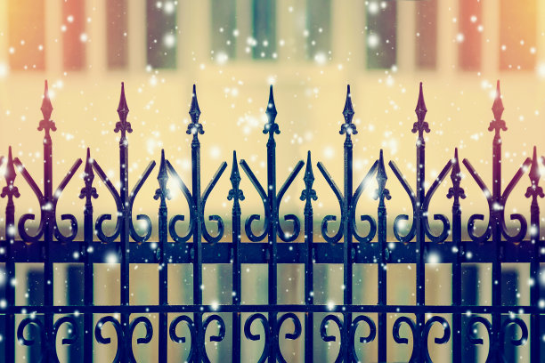 美丽的铁栅栏在雪花模糊的背景上。图片下载