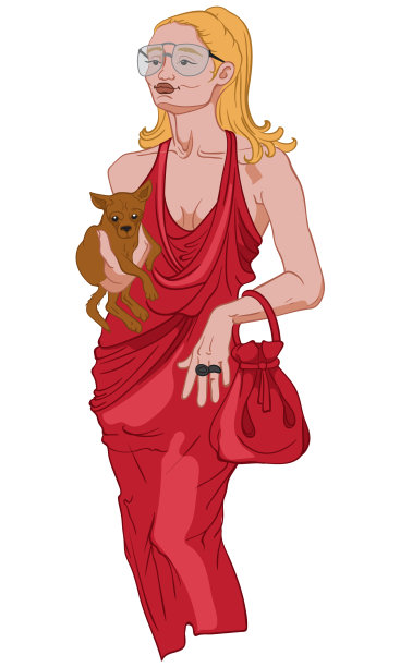 快乐的女人穿着优雅的红裙子抱着她图片下载