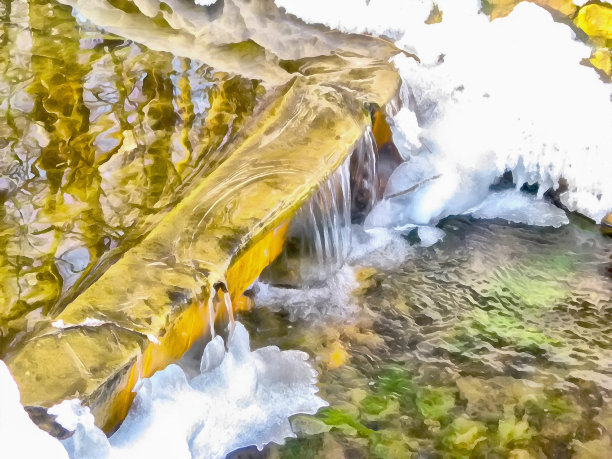 抽象的水彩风景。泉水，冰雪，水瀑布，瀑布。数字绘画。水彩绘画。图片下载