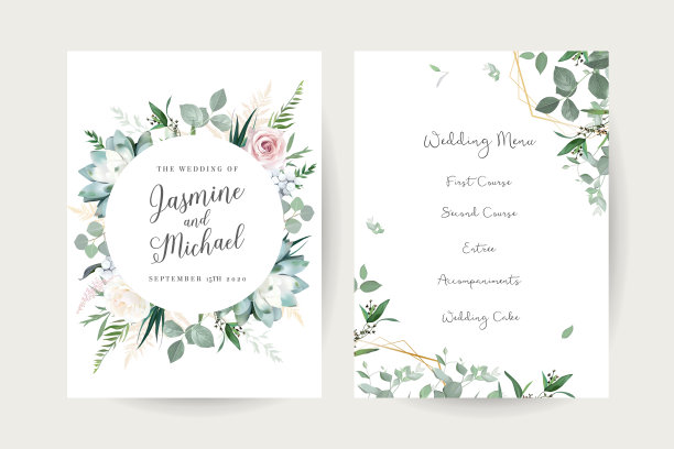 绿叶、粉红玫瑰、月季花等多肉载体设计邀请框图片下载