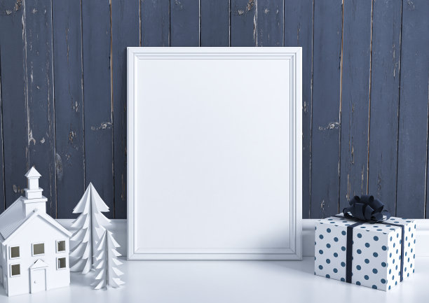 单8x10垂直白色框架模型与圣诞节装饰白色光滑的地板和深蓝色复古木墙。图片下载