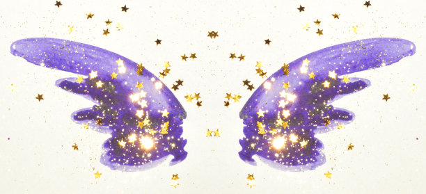 金色的闪光和闪烁的星星在抽象的蓝色水彩翅膀上怀旧的色彩。图片下载