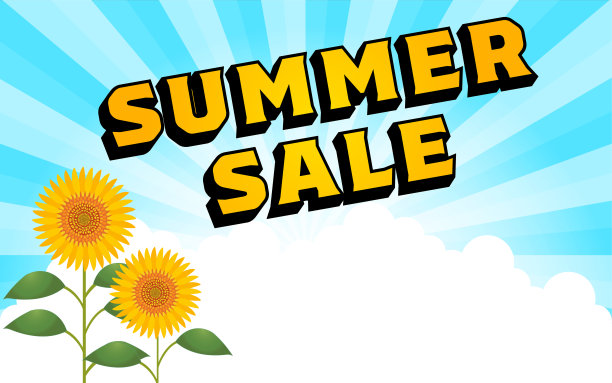 插图与向日葵，Irido云和太阳爆发的背景，与夏季销售人物图片下载