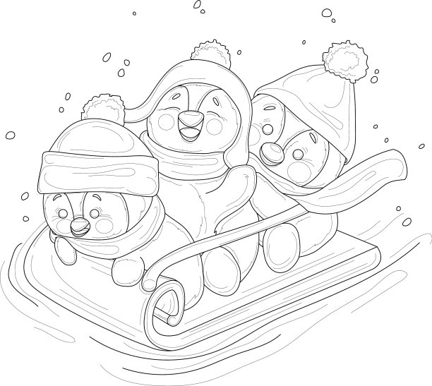 卡通可爱的企鹅孩子在帽子里骑雪橇图片下载