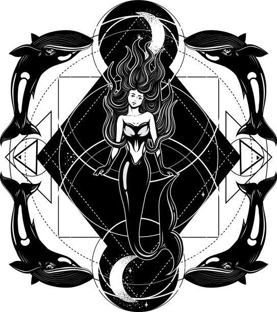 美丽的长头发美人鱼和鲸鱼图片下载