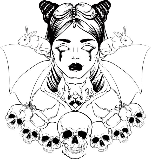 在手绘现实主义风格与头骨和蝙蝠图片下载