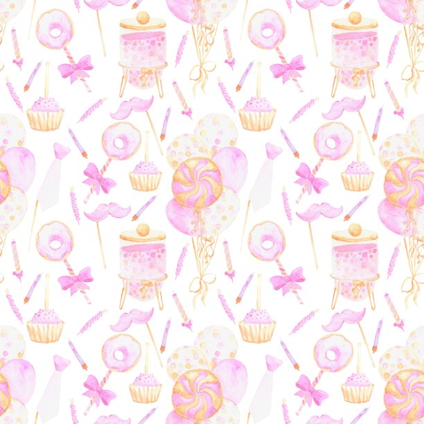 图案与生日派对属性气球，蜡烛，蛋糕棒棒，假领带和胡子粉红色的女孩图片下载