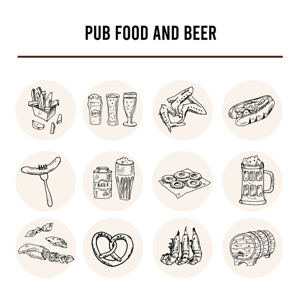 酒吧食物和啤酒菜单上的图标图片下载