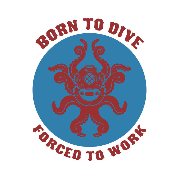 为潜水而生，被迫工作。潜水员头盔与章鱼的触角在垃圾背景。海报、t恤等设计元素。矢量插图。图片下载