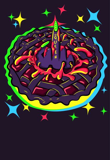 一个女人的手从发光的馅饼里伸出来的卡片插图。中指溅起甜点上的樱桃酱的霓虹向量。图片下载