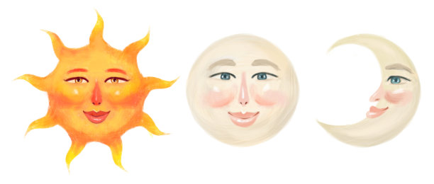 一套图形手绘元素。月亮，太阳，新月在白色的背景，程式化的面孔。复古的风格,复古图片下载
