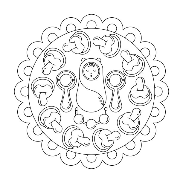 曼荼罗着色页面。婴儿护理用品。新生儿，拨浪鼓玩具和奶嘴。圆的矢量图图片下载