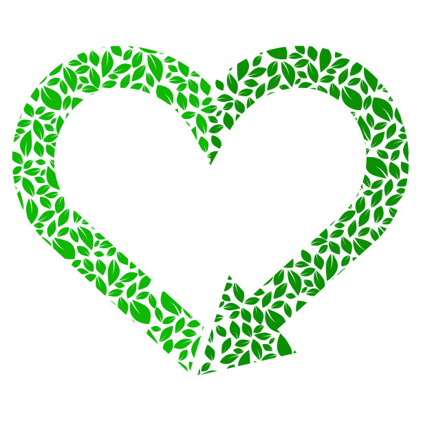 回收标志心形，重新装填标志，爱大地颜色图标。回收心平面孤立图标为web。平的风格。向量图片下载