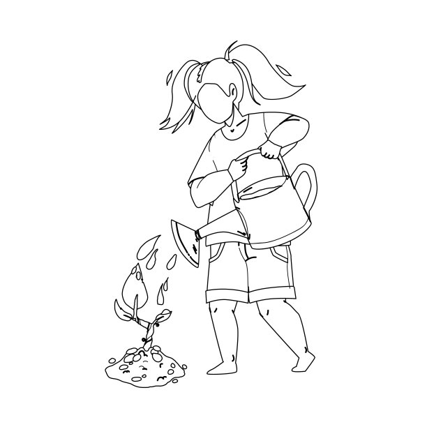 苗木种植和浇水的女童矢量图片下载