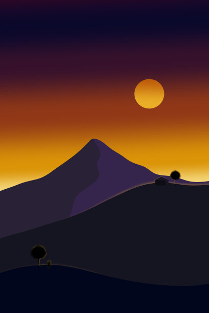 幻想山上的夕阳，红彤彤的天空和黄澄澄的太阳图片下载