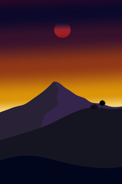 幻想山上的夕阳，红彤彤的天空和黄澄澄的太阳图片下载