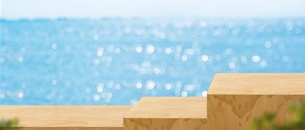 空的夏季基座木步骤表模糊的海散景横幅背景模型模板产品展示广告在在线媒体上图片下载