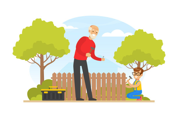 爷爷和孙子在修篱笆图片下载