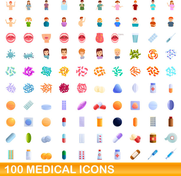 100个医疗图标设置卡通风格图片下载