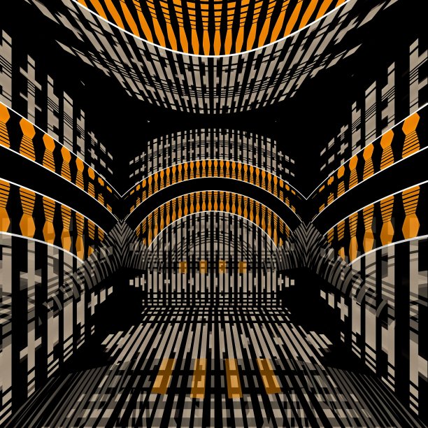 立方体形状的三维曲线和直线城市设计，以递减的视角到消失点在白橙色和灰色阴影在黑色的背景图片下载