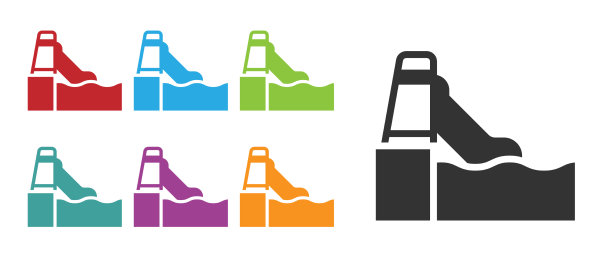 黑色的水滑梯与游泳池图标孤立在白色图片下载