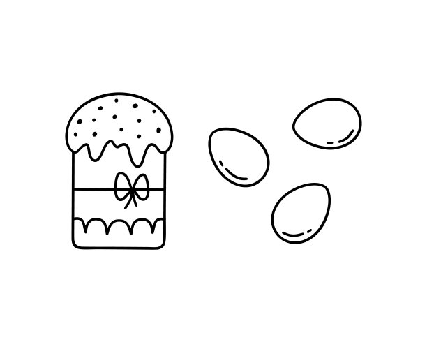 轮廓复活节蛋糕与弓和单鸡蛋。黑色手绘图标集图片下载
