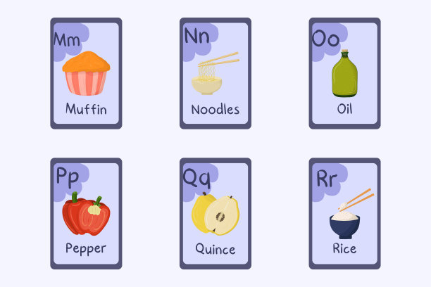 彩色字母抽认卡，字母M, N, O, P, Q, R -松饼，面条，油，辣椒，温柏，米饭。以食物、蔬菜、水果和坚果为主题的阅读教学卡片。图片下载