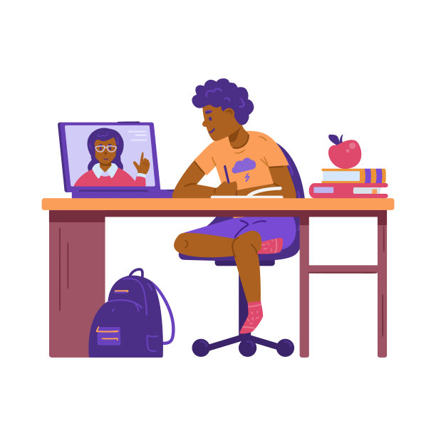 可爱的男孩正在网上上课与老师平面矢量插图孤立。图片下载