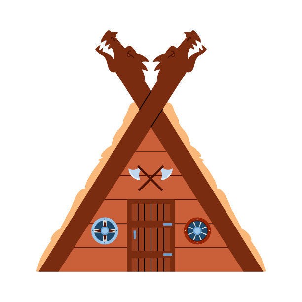 木制北欧海盗房子雕刻细节平面矢量插图孤立。图片下载