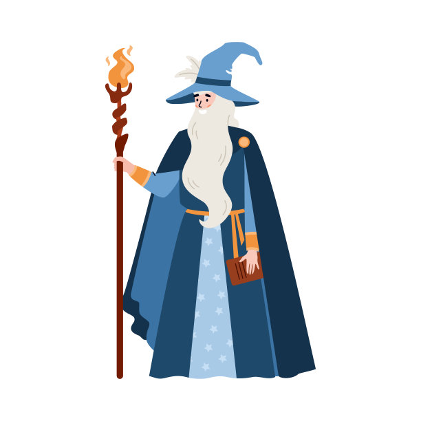 巫师或巫师与魔法杖或魔杖平面矢量插图孤立。图片下载