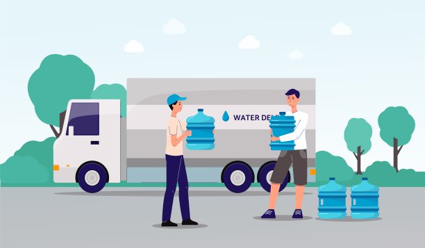 送水服务横幅-卡通人与货车送瓶子图片下载