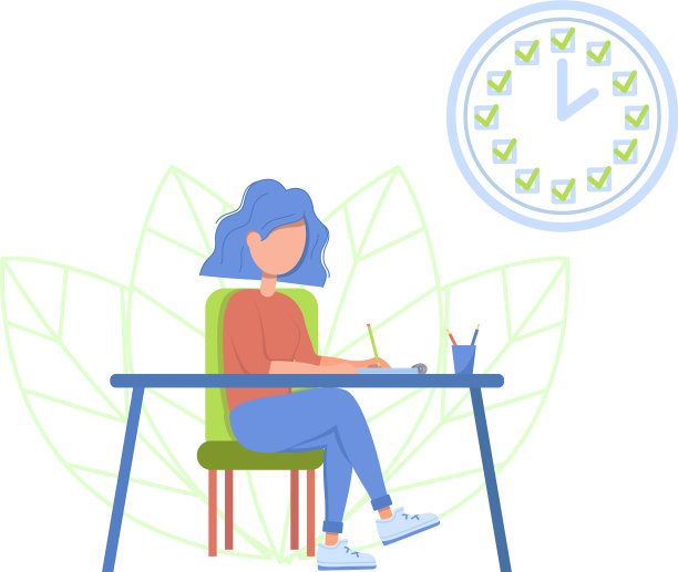 坐在桌边的女孩填写检查表的时间图片下载