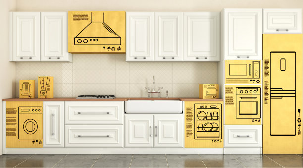 一个厨房的三维渲染与电器在纸板箱的形式3d插图图片下载