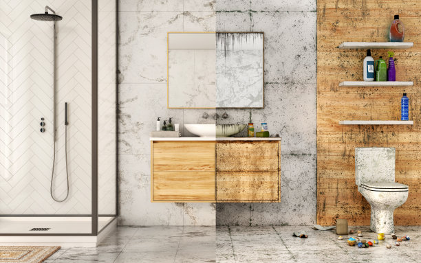 肮脏和干净的浴室3d渲染图图片下载