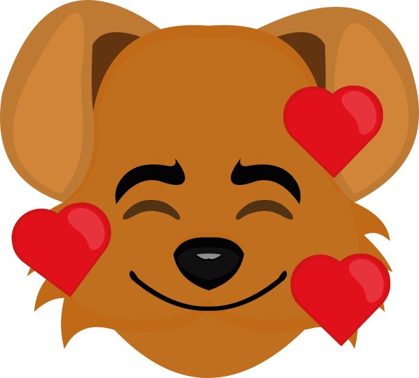Vector emoticon插图卡通的狗的头表达喜悦，在爱包围的心图片下载