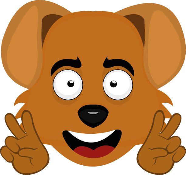 矢量表情插图，一只狗的头与一个快乐的表情，他的手势做一个和平的标志图片下载