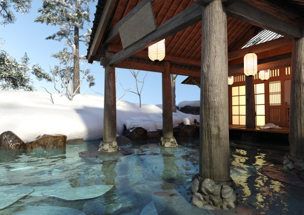3D插画日本冬季温泉图片下载