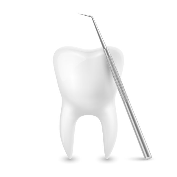 矢量3d逼真的牙齿和牙齿探针的牙齿特写孤立在白色背景。医疗牙医工具。设计模板，剪贴画，模型。牙科，医疗保健，卫生概念图片下载